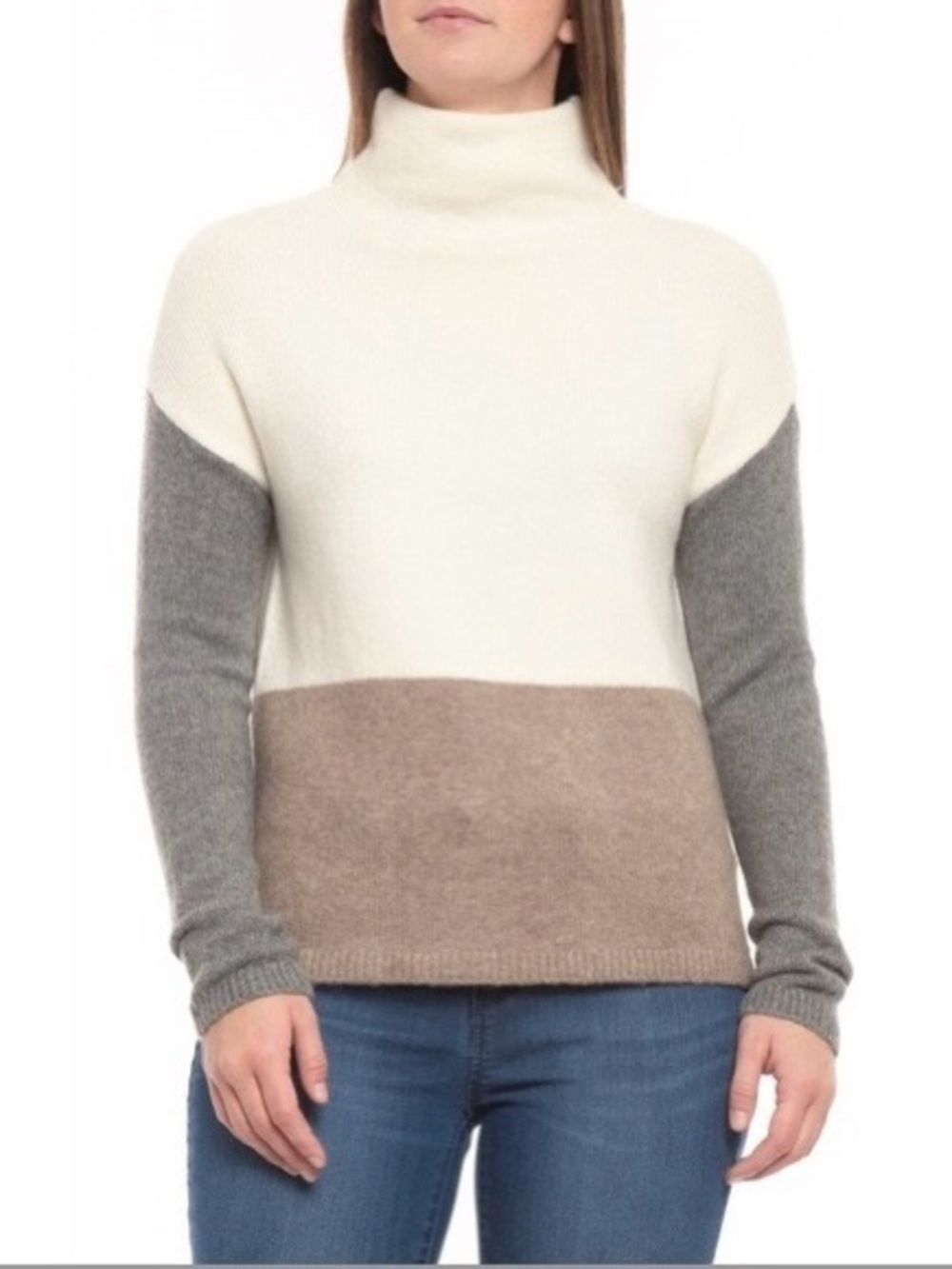 C&C California Colorblock Turtleneck Sweater Neutral Wool Blend Large